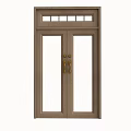 Wooden Front Door With Double Glass Panels Top Window Panes And Golden Handles