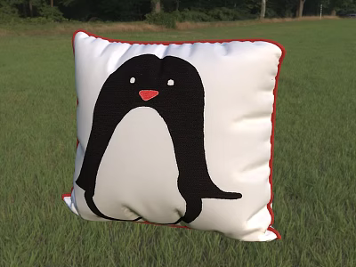 Adorable Penguin Themed Pillow With Black Body White Belly Red Beak And Red Trim 3d model
