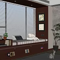 Cozy Bay Window Interior With Blinds Bench Plants Bookshelf and Cat