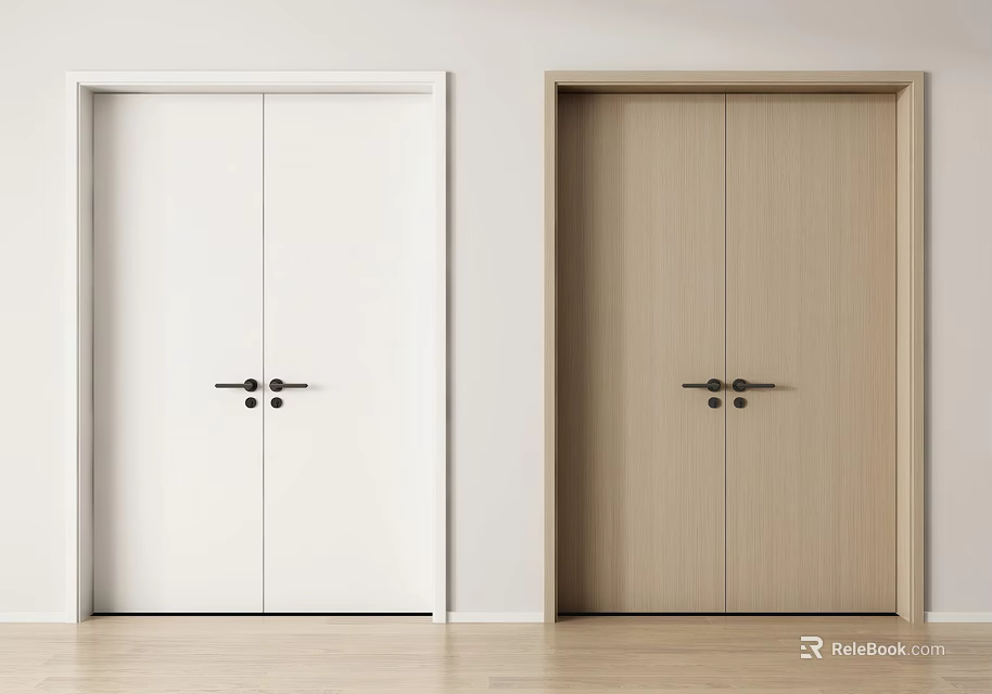 Two Modern Double Doors in White and Light Wood with Black Handles for Home Interior Design 3d model 