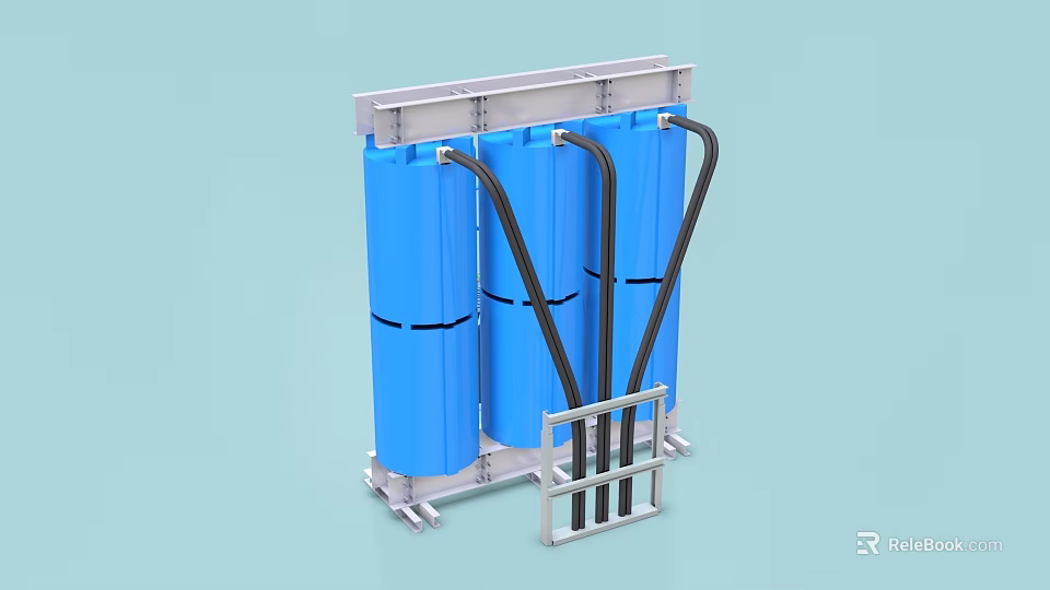 Industrial Equipment With Three Blue Cylindrical Containers And Black Connecting Pipes On Metal Frame 3d model 