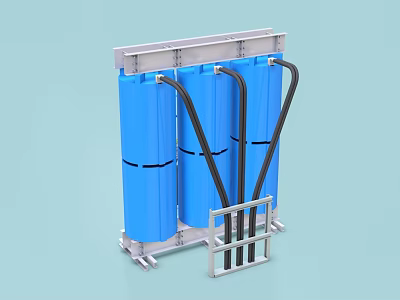 Industrial Equipment With Three Blue Cylindrical Containers And Black Connecting Pipes On Metal Frame 3d model