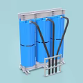 Industrial Equipment With Three Blue Cylindrical Containers And Black Connecting Pipes On Metal Frame