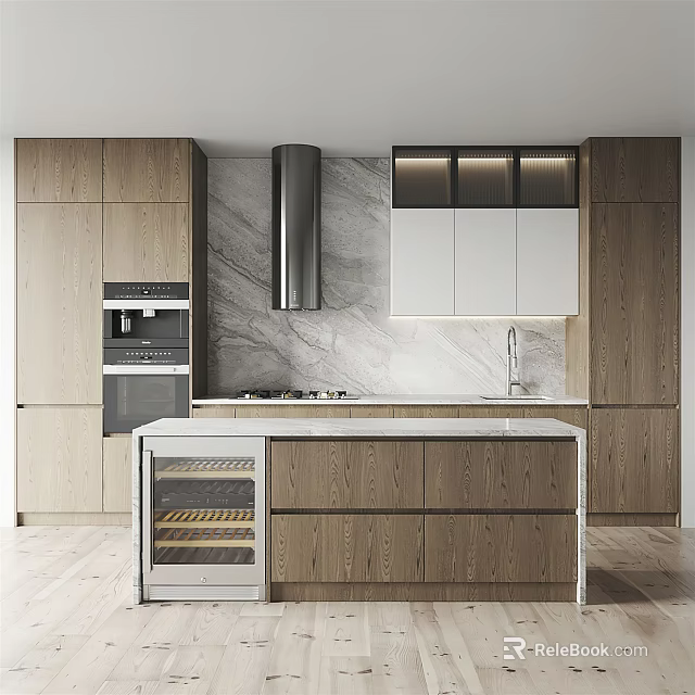 Modern Kitchen Interior With Wooden Cabinets Marble Backsplash Island Wine Cooler And Appliances 3d model 