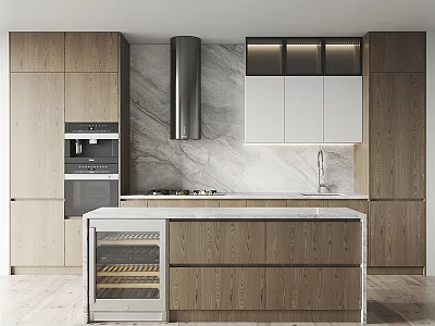 Modern Kitchen Interior With Wooden Cabinets Marble Backsplash Island Wine Cooler And Appliances 3d model