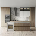 Modern Kitchen Interior With Wooden Cabinets Marble Backsplash Island Wine Cooler And Appliances