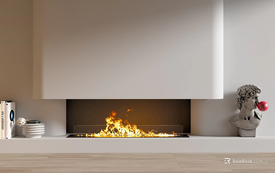 Modern Fireplace with White Mantel Burning Flames and Decorative Items on Wooden Floor Interior 3d model 