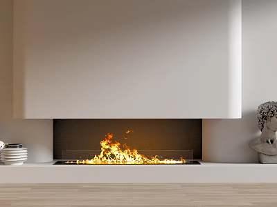 Modern Fireplace with White Mantel Burning Flames and Decorative Items on Wooden Floor Interior 3d model