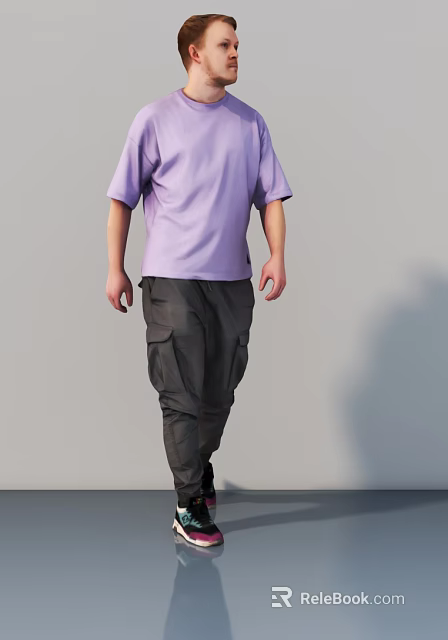Man Wearing Purple Short Sleeve T Shirt And Dark Cargo Pants Walking Against Gray Wall 3d model 