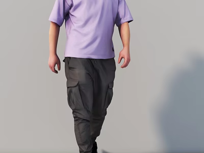 Man Wearing Purple Short Sleeve T Shirt And Dark Cargo Pants Walking Against Gray Wall 3d model