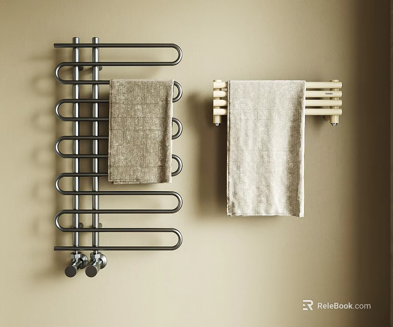 Metal And Wooden Bathroom Towel Racks Hanging Gray And Light Towels On Beige Wall 3d model 