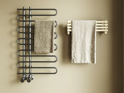 Metal And Wooden Bathroom Towel Racks Hanging Gray And Light Towels On Beige Wall 3d model