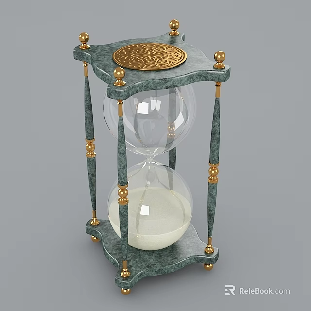 Decorative Ornament Set With Hourglass Green Marble Frame Gold Accents And White Sand 3d model 