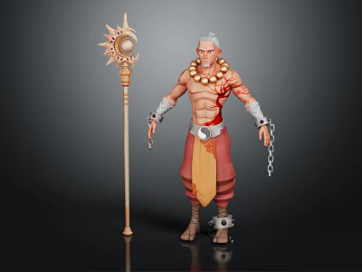 White Haired Elder Character With Creature Tattoo And Sun Patterned Staff Shackles 3d model