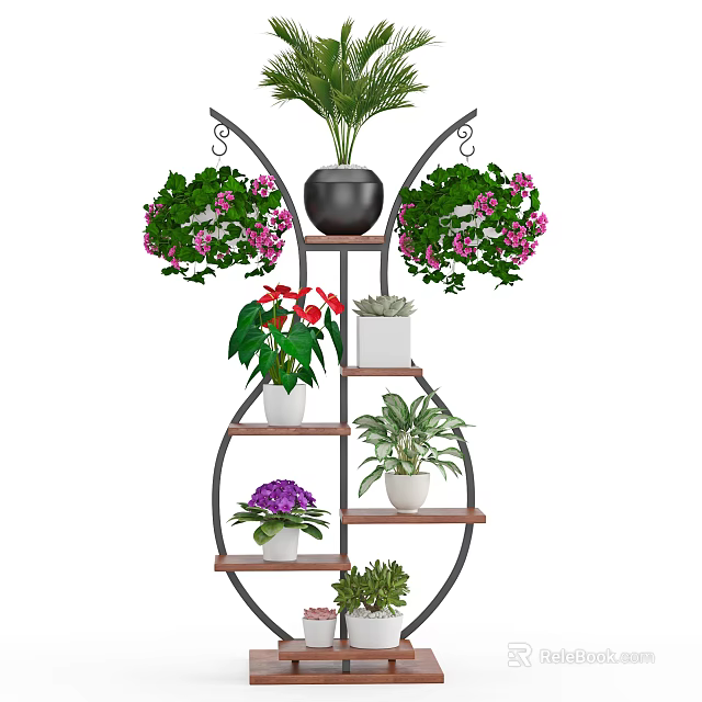 Multi Tiered Garden Plant Stand With Red Flowering Succulents And Green Leafy Plants 3d model 