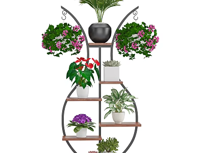 Multi Tiered Garden Plant Stand With Red Flowering Succulents And Green Leafy Plants 3d model