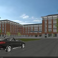 Red brick multi story school building with large windows green lawn and trees
