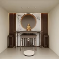 Chinese Style Study Room With Buddha Statue Circular Decor And Wooden Furniture