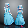 Game And Movie Character With Blue Long Dress Light Colored Hair Red Eyes And Bows