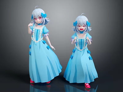 Game And Movie Character With Blue Long Dress Light Colored Hair Red Eyes And Bows 3d model