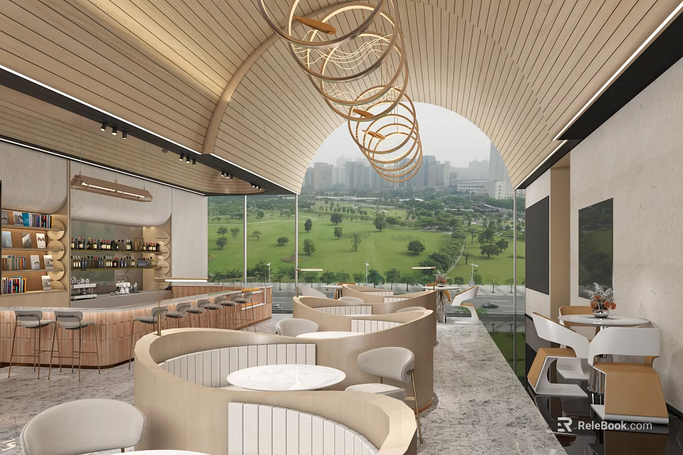 Modern Restaurant With Curved Wooden Ceiling Circular Pendant Lights Circular Booths And City Skyline View 3d model 