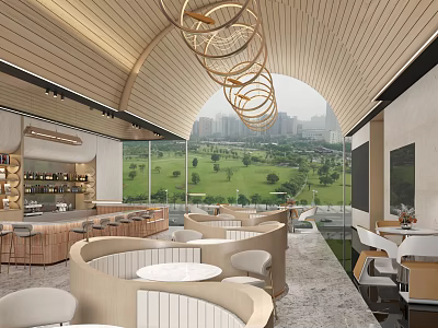 Modern Restaurant With Curved Wooden Ceiling Circular Pendant Lights Circular Booths And City Skyline View 3d model