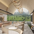 Modern Restaurant With Curved Wooden Ceiling Circular Pendant Lights Circular Booths And City Skyline View