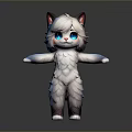 Cute White Cartoon Cat Character With Fluffy Fur Blue Eyes Pink Ears And Standing Pose