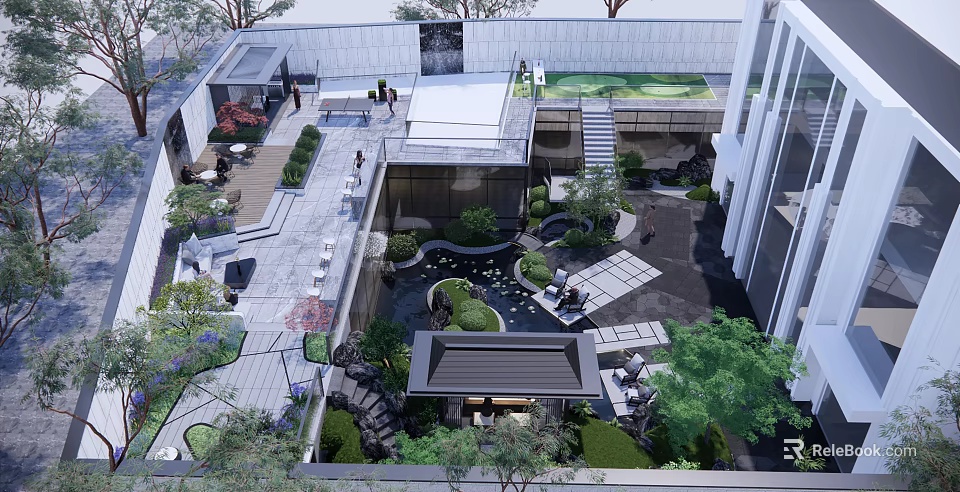 Modern Urban Garden Landscape With Serene Pond Lush Greenery Paved Walkways And Seating Areas 3d model 