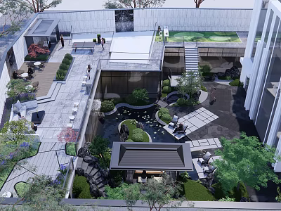 Modern Urban Garden Landscape With Serene Pond Lush Greenery Paved Walkways And Seating Areas 3d model