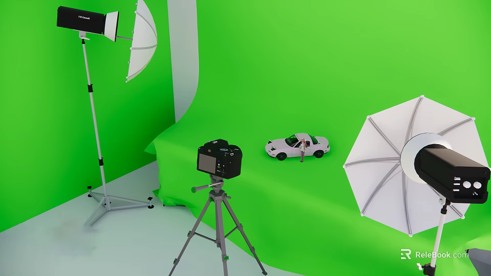 Green Screen Studio Setup with Studio Lights Umbrellas Camera Tripod and Toy Car 3d model 