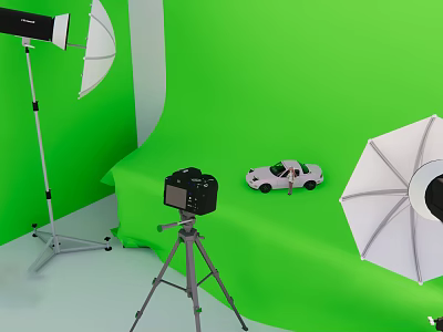 Green Screen Studio Setup with Studio Lights Umbrellas Camera Tripod and Toy Car 3d model