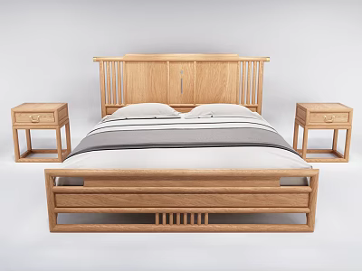 Natural Wooden Double Bed With Minimalist Frame Bedside Tables And Striped Bedding 3d model