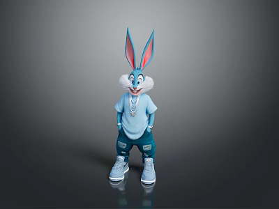 Stylish Cartoon Rabbit Character With Long Ears Blue T shirt Pants Sneakers And Necklace 3d model