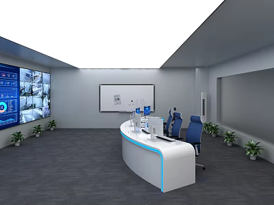 Modern Monitoring Room Featuring Multiple Screens Console Desk Office Chairs Whiteboard And Potted Plants 3d model