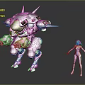 Futuristic Female Character In Blue And Purple Outfit With Pink And Black Mech Robot