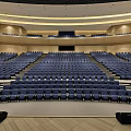 Modern Conference Room With Blue Seats Stage Large Screen And Wooden Walls