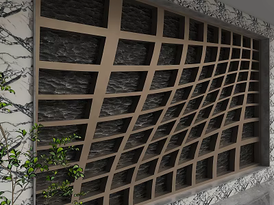Modern Geometric Grid Design Background Wall With Brown Lattice And Marble Accent 3d model