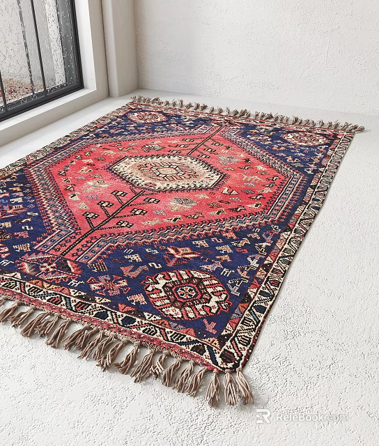 Square Rug Traditional Design With Red Blue Geometric Patterns Fringed Edges And Central Medallion 3d model 