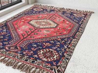 Square Rug Traditional Design With Red Blue Geometric Patterns Fringed Edges And Central Medallion 3d model