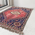 Square Rug Traditional Design With Red Blue Geometric Patterns Fringed Edges And Central Medallion