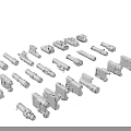 Assorted Weapon Parts Presented as 3D Gray Models in Collection