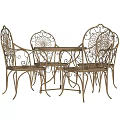 Elegant Golden Wrought Iron Outdoor Dining Set With Four Chairs Featuring Intricate Scroll Patterns 3d model