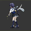 Purple Haired Anime Character With Scythe Shield And Angelic Wings In Blue Outfit