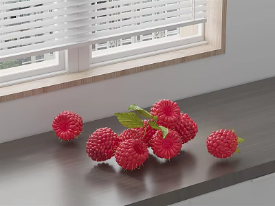 Fresh Raspberries With Green Leaves On Dark Wooden Table Near Window White Blinds 3d model