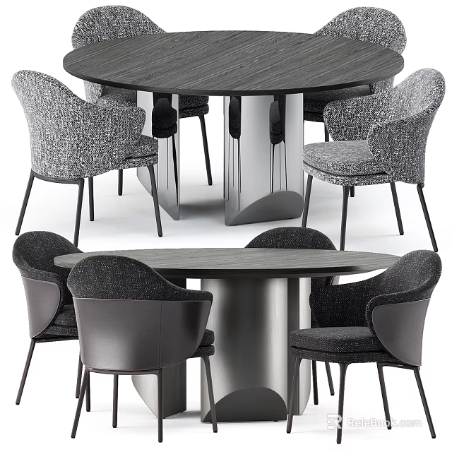 Modern Round Dining Table Set With Grey Textured Chairs And Metal Base 3d model