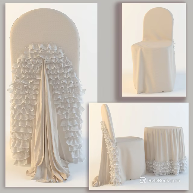 Elegant Decorative Chair And Table Set Featuring Ruffled Beige Fabric Details 3d model 