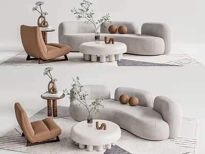 Modern Curved Sofa and Round Coffee Table Set With Brown Armchair And Potted Plant 3d model