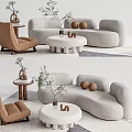 Modern Curved Sofa and Round Coffee Table Set With Brown Armchair And Potted Plant