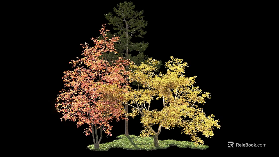 Colorful Arbor Trees With Red Yellow Green Leaves In Autumn Landscape On Green Grass 3d model 
